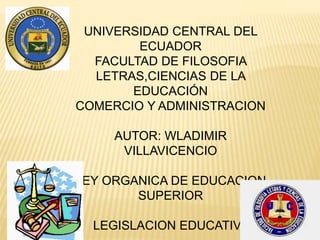UNIVERSIDAD CENTRAL DEL
ECUADOR
FACULTAD DE FILOSOFIA
LETRAS,CIENCIAS DE LA
EDUCACIÓN
COMERCIO Y ADMINISTRACION
AUTOR: WLADIMIR
VILLAVICENCIO
LEY ORGANICA DE EDUCACION
SUPERIOR
LEGISLACION EDUCATIVA
 