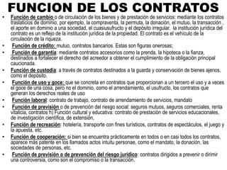 FUNCION DE LOS CONTRATOS
• Función de cambio o de circulación de los bienes y de prestación de servicios: mediante los contratos
traslaticios de dominio, por ejemplo, la compraventa, la permuta, la donación, el mutuo, la transacción ,
el aporte en dominio a una sociedad, el cuasiusufructo y el depósito irregular. la institución jurídica del
contrato es un reflejo de la institución jurídica de la propiedad. El contrato es el vehículo de la
circulación de la riqueza.
• Función de crédito: mutuo, contratos bancarios. Estas son figuras onerosas;
• Función de garantía: mediante contratos accesorios como la prenda, la hipoteca o la fianza,
destinados a fortalecer el derecho del acreedor a obtener el cumplimiento de la obligación principal
caucionada.
• Función de custodia: a través de contratos destinados a la guarda y conservación de bienes ajenos,
como el depósito.
• Función de uso y goce: que se concreta en contratos que proporcionan a un tercero el uso y a veces
el goce de una cosa, pero no el dominio, como el arrendamiento, el usufructo, los contratos que
generan los derechos reales de uso
• Función laboral: contrato de trabajo, contrato de arrendamiento de servicios, mandato
• Función de previsión o de prevención del riesgo social: seguros mutuos, seguros comerciales, renta
vitalicia, contratos h) Función cultural y educativa: contrato de prestación de servicios educacionales,
de investigación científica, de extensión,
• Función de recreación: hotelería, transporte con fines turísticos, contratos de espectáculos, el juego y
la apuesta, etc.
• Función de cooperación: si bien se encuentra prácticamente en todos o en casi todos los contratos,
aparece más patente en los llamados actos intuitu personae, como el mandato, la donación, las
sociedades de personas, etc.
• Función de previsión o de prevención del riesgo jurídico: contratos dirigidos a prevenir o dirimir
una controversia, como son el compromiso o la transacción.
 