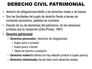 DERECHO CIVIL PATRIMONIAL
• derecho de obligaciones/crédito y los derechos reales o de bienes
• Son las facultades del sujeto de derecho frente a bienes de
contenido económico, pasibles de contratos
• Estudio de c/u de elementos del patrimonio, de las relaciones
jurídicas que lo componen (Diez-Picaso, 1987)
• Derecho patrimonial
– Derechos personales ( derechos de obligaciones)
• Sujeto activo o acreedor
• Sujeto pasivo o deudor
• Objeto del derecho o prestación
– Derechos reales/de bienes (no hay relación jurídica ni sujeto pasivo)
– Derechos intelectuales (se los trata como derechos reales)
 