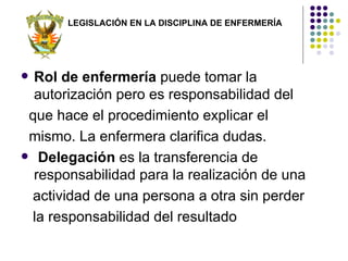 LEGISLACIÓN EN LA DISCIPLINA DE ENFERMERÍA




 Rol de enfermería puede tomar la
  autorización pero es responsabilidad del
 que hace el procedimiento explicar el
 mismo. La enfermera clarifica dudas.
 Delegación es la transferencia de
  responsabilidad para la realización de una
 actividad de una persona a otra sin perder
 la responsabilidad del resultado
 