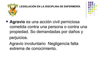 LEGISLACIÓN EN LA DISCIPLINA DE ENFERMERÍA




   Agravio es una acción civil perniciosa
    cometida contra una persona o contra una
    propiedad. So demandadas por daños y
    perjuicios.
    Agravio involuntario Negligencia falta
    extrema de conocimiento.
 