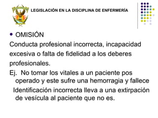 LEGISLACIÓN EN LA DISCIPLINA DE ENFERMERÍA




 OMISIÓN
Conducta profesional incorrecta, incapacidad
excesiva o falta de fidelidad a los deberes
profesionales.
Ej. No tomar los vitales a un paciente pos
  operado y este sufre una hemorragia y fallece
 Identificación incorrecta lleva a una extirpación
  de vesícula al paciente que no es.
 