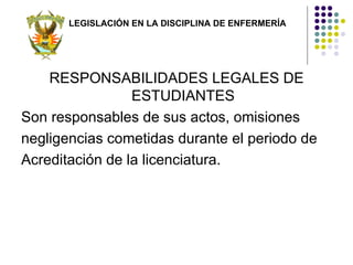 LEGISLACIÓN EN LA DISCIPLINA DE ENFERMERÍA




    RESPONSABILIDADES LEGALES DE
                 ESTUDIANTES
Son responsables de sus actos, omisiones
negligencias cometidas durante el periodo de
Acreditación de la licenciatura.
 