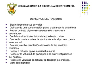 LEGISLACIÓN EN LA DISCIPLINA DE ENFERMERÍA




                       DERECHOS DEL PACIENTE

    Elegir libremente sus servicios
    Disfrutar de una comunicación plena y clara con la enfermera
    Recibir un trato digno y respetando sus creencias y
   costumbres.
    Confidencial en todos datos del expediente clínico.
    Que se le preste asistencia medica durante el proceso de su
   enfermedad.
    Revisar y recibir orientación del costo de los servicios
   recibidos.
    Recibir o rehusar apoyo espiritual o moral.
    Respetar la voluntad de participar o no en investigaciones
   del hospital.
    Respete la voluntad de rehusar la donación de órganos.
    Morir con dignidad
 