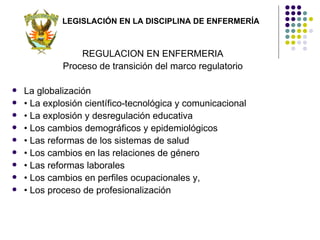 LEGISLACIÓN EN LA DISCIPLINA DE ENFERMERÍA



                 REGULACION EN ENFERMERIA
             Proceso de transición del marco regulatorio

   La globalización
   • La explosión científico-tecnológica y comunicacional
   • La explosión y desregulación educativa
   • Los cambios demográficos y epidemiológicos
   • Las reformas de los sistemas de salud
   • Los cambios en las relaciones de género
   • Las reformas laborales
   • Los cambios en perfiles ocupacionales y,
   • Los proceso de profesionalización
 