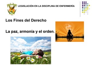 LEGISLACIÓN EN LA DISCIPLINA DE ENFERMERÍA




Los Fines del Derecho

La paz, armonía y el orden.
                     orden
 