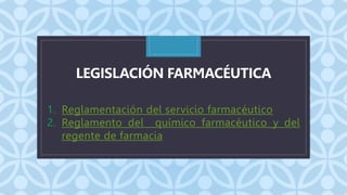 C
LEGISLACIÓN FARMACÉUTICA
1. Reglamentación del servicio farmacéutico
2. Reglamento del químico farmacéutico y del
regente de farmacia
 