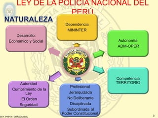 MAY. PNP W. CHASQUIBOL 3
LEY DE LA POLICÍA NACIONAL DEL
PERÚ
Dependencia
MININTER
Autonomía
ADM-OPER
Competencia
TERRITORIO
Profesional
Jerarquizada
No Deliberante
Disciplinada
Subordinada al
Poder Constitucional
Autoridad
Cumplimiento de la
Ley
El Orden
Seguridad
Desarrollo:
Económico y Social
 