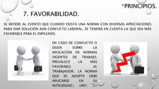 7. FAVORABILIDAD.
SE REFIERE AL EVENTO QUE CUANDO EXISTA UNA NORMA CON DIVERSAS APRECIACIONES
PARA DAR SOLUCIÓN AUN CONFLICTO LABORAL, SE TENDRÁ EN CUENTA LA QUE SEA MÁS
FAVORABLE PARA EL EMPLEADO.
*PRINCIPIOS.
EN CASO DE CONFLICTO O
DUDA SOBRE LA
APLICACIÓN DE NORMAS
VIGENTES DE TRABAJO,
PREVALECE LA MÁS
FAVORABLE AL
TRABAJADOR. LA NORMA
QUE SE ADOPTE DEBE
APLICARSE EN SU
INTEGRIDAD.; (ART. 21
 