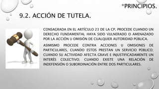 9.2. ACCIÓN DE TUTELA.
CONSAGRADA EN EL ARTÍCULO 23 DE LA CP, PROCEDE CUANDO UN
DERECHO FUNDAMENTAL HAYA SIDO VULNERADO O AMENAZADO
POR LA ACCIÓN U OMISIÓN DE CUALQUIER AUTORIDAD PÚBLICA.
ASIMISMO PROCEDE CONTRA ACCIONES U OMISIONES DE
PARTICULARES, CUANDO ESTOS PRESTAN UN SERVICIO PÚBLICO;
CUANDO SU ACTIVIDAD AFECTA GRAVE E INJUSTIFICADAMENTE UN
INTERÉS COLECTIVO; CUANDO EXISTE UNA RELACIÓN DE
INDEFENSIÓN O SUBORDINACIÓN ENTRE DOS PARTICULARES.
*PRINCIPIOS.
 