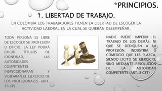 *PRINCIPIOS.
EN COLOMBIA LOS TRABAJADORES TIENEN LA LIBERTAD DE ESCOGER LA
ACTIVIDAD LABORAL EN LA CUAL SE QUIERAN DESEMPEÑAR.
1. LIBERTAD DE TRABAJO.
TODA PERSONA ES LIBRE
DE ESCOGER SU PROFESIÓN
U OFICIO. LA LEY PODRÁ
EXIGIR TÍTULOS DE
IDONEIDAD, LAS
AUTORIDADES
COMPETENTES
INSPECCIONARAN Y
VIGILARAN EL EJERCICIO DE
LOS PROFESIONALES. (ART,
26 CP)
NADIE PUEDE IMPEDIR EL
TRABAJO DE LOS DEMÁS, NI
QUE SE DEDIQUEN A LA
PROFESIÓN, INDUSTRIA O
COMERCIO QUE LES PLAZCA,
SIENDO LICITO SU EJERCICIO,
SINO MEDIANTE RESOLUCIÓN
DE LA AUTORIDAD
COMPETENTE (ART. 8 CST)
 