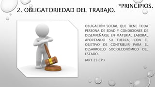 2. OBLIGATORIEDAD DEL TRABAJO.
OBLIGACIÓN SOCIAL QUE TIENE TODA
PERSONA DE EDAD Y CONDICIONES DE
DESEMPEÑARSE EN MATERIAL LABORAL
APORTANDO SU FUERZA, CON EL
OBJETIVO DE CONTRIBUIR PARA EL
DESARROLLO SOCIOECONÓMICO DEL
ESTADO.
(ART 25 CP.)
*PRINCIPIOS.
 