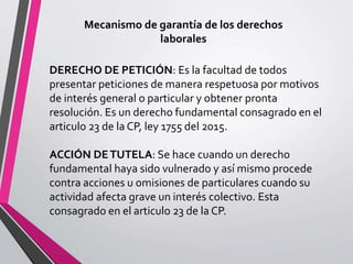 Mecanismo de garantía de los derechos
laborales
DERECHO DE PETICIÓN: Es la facultad de todos
presentar peticiones de manera respetuosa por motivos
de interés general o particular y obtener pronta
resolución. Es un derecho fundamental consagrado en el
articulo 23 de la CP, ley 1755 del 2015.
ACCIÓN DETUTELA: Se hace cuando un derecho
fundamental haya sido vulnerado y así mismo procede
contra acciones u omisiones de particulares cuando su
actividad afecta grave un interés colectivo. Esta
consagrado en el articulo 23 de la CP.
 