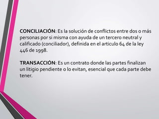 CONCILIACIÓN: Es la solución de conflictos entre dos o más
personas por si misma con ayuda de un tercero neutral y
calificado (conciliador), definida en el articulo 64 de la ley
446 de 1998.
TRANSACCIÓN: Es un contrato donde las partes finalizan
un litigio pendiente o lo evitan, esencial que cada parte debe
tener.
 