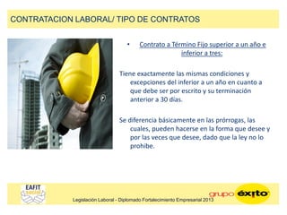 • Contrato a Término Fijo superior a un año e
inferior a tres:
Tiene exactamente las mismas condiciones y
excepciones del inferior a un año en cuanto a
que debe ser por escrito y su terminación
anterior a 30 días.
Se diferencia básicamente en las prórrogas, las
cuales, pueden hacerse en la forma que desee y
por las veces que desee, dado que la ley no lo
prohibe.
CONTRATACION LABORAL/ TIPO DE CONTRATOS
Legislación Laboral - Diplomado Fortalecimiento Empresarial 2013
 