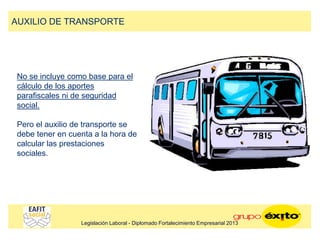 AUXILIO DE TRANSPORTE
Legislación Laboral - Diplomado Fortalecimiento Empresarial 2013
No se incluye como base para el
cálculo de los aportes
parafiscales ni de seguridad
social.
Pero el auxilio de transporte se
debe tener en cuenta a la hora de
calcular las prestaciones
sociales.
 