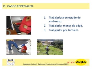1. Trabajadora en estado de
embarazo.
2. Trabajador menor de edad.
3. Trabajador por Jornales.
D. CASOS ESPECIALES
Legislación Laboral - Diplomado Fortalecimiento Empresarial 2013
 