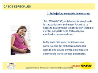 1. Trabajadora en estado de embarazo
Art. 239 del C.S.T, prohibición de despido de
la trabajadora en embarazo. Para esto se
necesita básicamente la notificación (verbal o
escrita) por parte de la trabajadora al
empleador de su condición.
La ley entiende que el despido a sido
consecuencia del embarazo o lactancia
cuando este ocurre dentro del embarazo
o dentro de los tres meses posteriores.
CASOS ESPECIALES
Legislación Laboral - Diplomado Fortalecimiento Empresarial 2013
 