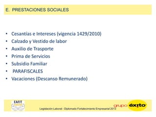 • Cesantías e Intereses (vigencia 1429/2010)
• Calzado y Vestido de labor
• Auxilio de Trasporte
• Prima de Servicios
• Subsidio Familiar
• PARAFISCALES
• Vacaciones (Descanso Remunerado)
E. PRESTACIONES SOCIALES
Legislación Laboral - Diplomado Fortalecimiento Empresarial 2013
 