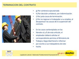 • g) Por sentencia ejecutoriada
• h) Por decisión unilateral, con indemnización.
• i) Por justa causa de terminación.
• j) Por no regresar el trabajador a su empleo, al
desaparecer las causas de la suspensión del
contrato.
• En los casos contemplados en los
• literales e) y f) de este artículo, el
• empleador deberá solicitar el
• correspondiente permiso al Ministerio de
• Trabajo y Seguridad Social e informar
• por escrito a sus trabajadores de este
• hecho
TERMINACION DEL CONTRATO
Legislación Laboral - Diplomado Fortalecimiento Empresarial 2013
 