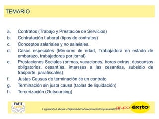 a. Contratos (Trabajo y Prestación de Servicios)
b. Contratación Laboral (tipos de contratos)
c. Conceptos salariales y no salariales.
d. Casos especiales (Menores de edad, Trabajadora en estado de
embarazo, trabajadores por jornal)
e. Prestaciones Sociales (primas, vacaciones, horas extras, descansos
obligatorios, cesantías, intereses a las cesantías, subsidio de
trasporte, parafiscales)
f. Justas Causas de terminación de un contrato
g. Terminación sin justa causa (tablas de liquidación)
h. Tercerización (Outsourcing)
TEMARIO
Legislación Laboral - Diplomado Fortalecimiento Empresarial 2013
 