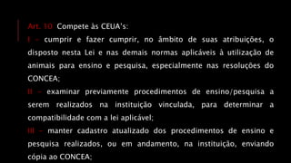 Art. 10 Compete às CEUA’s:
I - cumprir e fazer cumprir, no âmbito de suas atribuições, o
disposto nesta Lei e nas demais normas aplicáveis à utilização de
animais para ensino e pesquisa, especialmente nas resoluções do
CONCEA;
II - examinar previamente procedimentos de ensino/pesquisa a
serem realizados na instituição vinculada, para determinar a
compatibilidade com a lei aplicável;
III - manter cadastro atualizado dos procedimentos de ensino e
pesquisa realizados, ou em andamento, na instituição, enviando
cópia ao CONCEA;
 