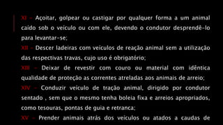 XI - Açoitar, golpear ou castigar por qualquer forma a um animal
caído sob o veículo ou com ele, devendo o condutor desprendê-lo
para levantar-se;
XII - Descer ladeiras com veículos de reação animal sem a utilização
das respectivas travas, cujo uso é obrigatório;
XIII - Deixar de revestir com couro ou material com idêntica
qualidade de proteção as correntes atreladas aos animais de arreio;
XIV - Conduzir veículo de tração animal, dirigido por condutor
sentado , sem que o mesmo tenha boleia fixa e arreios apropriados,
como tesouras, pontas de guia e retranca;
XV - Prender animais atrás dos veículos ou atados a caudas de
 