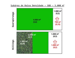 Subárea de Baixa Densidade – SBD – 5.000 m2

                                               1.000 m2
Guarapiranga                                     (0,2)


                                  4.000 m2
                                  (0,8)         750 m2
                                                 (0,15)




                          3.500   m2         1.500 m2
                          (0,7)                (0,3)
Billings




               1.500 m2
               (0,35)
                                             1.000 m2
                                               (0,2)
 