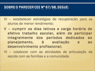 IV – estabelecer estratégias de recuperação para os
alunos de menor rendimento;
V – cumprir os dias letivos e carga horária de
efetivo trabalho escolar, além de participar
integralmente dos períodos dedicados ao
planejamento, à avaliação e ao
desenvolvimento profissional;
VI – colaborar com as atividades de articulação da
escola com as famílias e a comunidade.
 