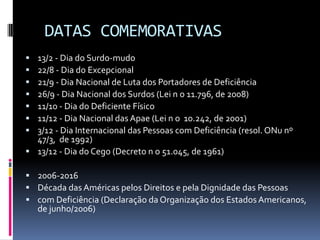 DATAS COMEMORATIVAS
 13/2 - Dia do Surdo-mudo
 22/8 - Dia do Excepcional
 21/9 - Dia Nacional de Luta dos Portadores de Deficiência
 26/9 - Dia Nacional dos Surdos (Lei n o 11.796, de 2008)
 11/10 - Dia do Deficiente Físico
 11/12 - Dia Nacional das Apae (Lei n o 10.242, de 2001)
 3/12 - Dia Internacional das Pessoas com Deficiência (resol. ONu nº
  47/3, de 1992)
 13/12 - Dia do Cego (Decreto n o 51.045, de 1961)

 2006-2016
 Década das Américas pelos Direitos e pela Dignidade das Pessoas
 com Deficiência (Declaração da Organização dos Estados Americanos,
    de junho/2006)
 