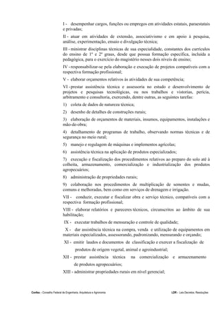 Confea – Conselho Federal de Engenharia, Arquitetura e Agronomia LDR - Leis Decretos, Resoluções
I - desempenhar cargos, funções ou empregos em atividades estatais, paraestatais
e privadas;
II - atuar em atividades de extensão, associativismo e em apoio à pesquisa,
análise, experimentação, ensaio e divulgação técnica;
III - ministrar disciplinas técnicas de sua especialidade, constantes dos currículos
do ensino de 1º e 2º graus, desde que possua formação específica, incluída a
pedagógica, para o exercício do magistério nesses dois níveis de ensino;
IV -responsabilizar-se pela elaboração e execução de projetos compatíveis com a
respectiva formação profissional;
V - elaborar orçamentos relativos às atividades de sua competência;
VI -prestar assistência técnica e assessoria no estudo e desenvolvimento de
projetos e pesquisas tecnológicas, ou nos trabalhos e vistorias, perícia,
arbitramento e consultoria, exercendo, dentre outras, as seguintes tarefas:
1) coleta de dados de natureza técnica;
2) desenho de detalhes de construções rurais;
3) elaboração de orçamentos de materiais, insumos, equipamentos, instalações e
mão-de-obra;
4) detalhamento de programas de trabalho, observando normas técnicas e de
segurança no meio rural;
5) manejo e regulagem de máquinas e implementos agrícolas;
6) assistência técnica na aplicação de produtos especializados;
7) execução e fiscalização dos procedimentos relativos ao preparo do solo até à
colheita, armazenamento, comercialização e industrialização dos produtos
agropecuários;
8) administração de propriedades rurais;
9) colaboração nos procedimentos de multiplicação de sementes e mudas,
comuns e melhoradas, bem como em serviços de drenagem e irrigação.
VII - conduzir, executar e fiscalizar obra e serviço técnico, compatíveis com a
respectiva formação profissional;
VIII - elaborar relatórios e pareceres técnicos, circunscritos ao âmbito de sua
habilitação;
IX - executar trabalhos de mensuração e controle de qualidade;
X - dar assistência técnica na compra, venda e utilização de equipamentos em
materiais especializados, assessorando, padronizando, mensurando e orçando;
XI - emitir laudos e documentos de classificação e exercer a fiscalização de
produtos de origem vegetal, animal e agroindustrial;
XII - prestar assistência técnica na comercialização e armazenamento
de produtos agropecuários;
XIII - administrar propriedades rurais em nível gerencial;
 