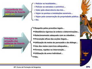 Competência dos militares da Guarda  (Artº. 3º) Policiar as localidades… Policiar as estradas e caminhos… Velar pela observância das leis… Vigiar os pontos e instalações sensíveis… Vigiar pela conservação da propriedade pública… Etc. Princípios de actuação dos militares da Guarda  (Artº. 4º) Respeito pelos preceitos legais… Obediência rigorosa às ordens e determinações… Relacionamento adequado com os cidadãos… Prevenção eficaz das acções ilegais… Utilização de meios de persuasão e de diálogo… Uso dos meios coercivos adequados… Firmeza, rapidez na intervenção… Utilização da arma individual… Etc. 