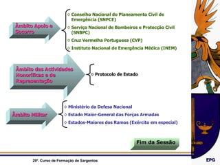 Âmbito Apoio e Socorro Conselho Nacional do Planeamento Civil de Emergência (SNPCE) Serviço Nacional de Bombeiros e Protecção Civil (SNBPC) Cruz Vermelha Portuguesa (CVP) Instituto Nacional de Emergência Médica (INEM) Âmbito das Actividades Honoríficas e de Representação Protocolo de Estado Âmbito Militar Ministério da Defesa Nacional Estado Maior-General das Forças Armadas Estados-Maiores dos Ramos (Exército em especial) Fim da Sessão 