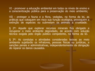 VI - promover a educação ambiental em todos os níveis de ensino e a conscientização pública para a preservação do meio ambiente;  VII - proteger a fauna e a flora, vedadas, na forma da lei, as práticas que coloquem em risco sua função ecológica, provoquem a extinção de espécies ou submetam os animais a crueldade.  § 2º: Aquele que explorar recursos minerais fica obrigado a recuperar o meio ambiente degradado, de acordo com solução técnica exigida pelo órgão público competente, na forma da lei.  § 3º: As condutas e atividades consideradas lesivas ao meio ambiente sujeitarão os infratores, pessoas físicas ou jurídicas, a sanções penais e administrativas, independentemente da obrigação de reparar os danos causados. 