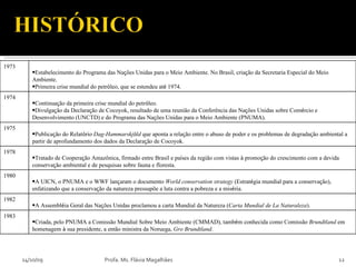 14/10/09 Profa. Ms. Flávia Magalhães 1973 Estabelecimento do Programa das Na ç ões Unidas para o Meio Ambiente. No Brasil, cria ç ão da Secretaria Especial do Meio Ambiente. Primeira crise mundial do petr ó leo, que se estendeu at é  1974. 1974 Continua ç ão da primeira crise mundial do petr ó leo. Divulga ç ão da Declara ç ão de Cocoyok, resultado de uma reunião da Conferência das Na ç ões Unidas sobre Com é rcio e Desenvolvimento (UNCTD) e do Programa das Na ç ões Unidas para o Meio Ambiente (PNUMA). 1975 Publica ç ão do Relat ó rio  Dag-Hammarskj ö ld  que aponta a rela ç ão entre o abuso de poder e os problemas de degrada ç ão ambiental a partir de aprofundamento dos dados da Declara ç ão de Cocoyok. 1978 Tratado de Coopera ç ão Amazônica, firmado entre Brasil e pa í ses da região com vistas  à  promo ç ão do crescimento com a devida conserva ç ão ambiental e de pesquisas sobre fauna e floresta. 1980 A UICN, o PNUMA e o WWF lan ç aram o documento  World conservation strategy  (Estrat é gia mundial para a conserva ç ão), enfatizando que a conserva ç ão da natureza pressupõe a luta contra a pobreza e a mis é ria. 1982 A Assembl é ia Geral das Na ç ões Unidas proclamou a carta Mundial da Natureza ( Carta Mundial de La Naturaleza ). 1983 Criada, pelo PNUMA a Comissão Mundial Sobre Meio Ambiente (CMMAD), tamb é m conhecida como Comissão  Brundtland  em homenagem  à  sua presidente, a então ministra da Noruega,  Gro Brundtland . 
