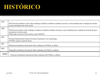 14/10/09 Profa. Ms. Flávia Magalhães 1998 O Protocolo de Buenos Aires sobre mudan ç as clim á ticas estabelece medidas concretas a serem adotadas para a redu ç ão da emissão de gases produtores do efeito estufa. 2000 O Protocolo de Haia sobre mudan ç as clim á ticas estabelece medidas concretas a serem adotadas para a redu ç ão da emissão de gases produtores do efeito estufa. Aprovada a Carta da Terra em Paris, pela UNESCO. 2002 C ú pula Mundial dobre Desenvolvimento Sustent á vel, em Joanesburgo. A ONU assume a Carta da Terra. 2003 Primeira Conferência Nacional do Meio Ambiente (I CNMA), no Brasil. 2005 Segunda Conferência Nacional do Meio Ambiente (II CNMA), no Brasil. 2007 Terceira Conferência Nacional do Meio Ambiente (III CNMA), no Brasil. 