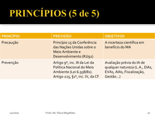 14/10/09 Profa. Ms. Flávia Magalhães PRINCÍPIO PREVISÃO OBJETIVOS Precaução Princípio 15 da Conferência das Nações Unidas sobre o Meio Ambiente e Desenvolvimento (RJ/92) A incerteza científica em benefício do MA Prevenção Artigo 9º, inc. III da Lei da Política Nacional do Meio Ambiente (Lei 6.938/81). Artigo 225, §1º, inc. IV, da CF Avaliação prévia do IA de qualquer natureza (L.A., EIAs, EVAs, AIAs, Fiscalização, Gestão…) 