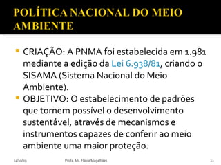 CRIAÇÃO: A PNMA foi estabelecida em 1.981 mediante a edição da  Lei 6.938/81 , criando o SISAMA (Sistema Nacional do Meio Ambiente).  OBJETIVO: O estabelecimento de padrões que tornem possível o desenvolvimento sustentável, através de mecanismos e instrumentos capazes de conferir ao meio ambiente uma maior proteção. 14/10/09 Profa. Ms. Flávia Magalhães 