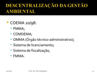 COEMA 20/98: PMMA; COMDEMA; OMMA (Órgão técnico-administrativo); Sistema de licenciamento; Sistema de fiscalização; FMMA. 14/10/09 Profa. Ms. Flávia Magalhães 