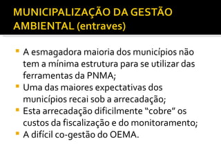 A esmagadora maioria dos municípios não tem a mínima estrutura para se utilizar das ferramentas da PNMA; Uma das maiores expectativas dos municípios recai sob a arrecadação; Esta arrecadação dificilmente “cobre” os custos da fiscalização e do monitoramento; A difícil co-gestão do OEMA. 