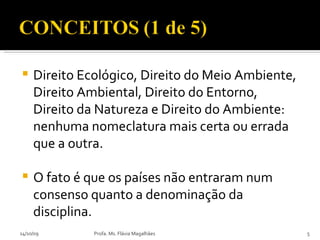 Direito Ecológico, Direito do Meio Ambiente, Direito Ambiental, Direito do Entorno, Direito da Natureza e Direito do Ambiente: nenhuma nomeclatura mais certa ou errada que a outra.  O fato é que os países não entraram num consenso quanto a denominação da disciplina. 14/10/09 Profa. Ms. Flávia Magalhães 