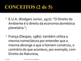 E.U.A. (Rodgers Junior, 1977): “O Direito do Ambiente é o direito da economia doméstica planetária.”; França (Despax, 1980): também utiliza a mesma nomeclatura por entender que a mesma abrange o que o homem construiu, o contrário do que acontece, por exemplo, com Direito da Natureza; 14/10/09 Profa. Ms. Flávia Magalhães 