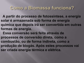 A partir do processo de fotossíntese, a energia
solar é armazenada sob forma de energia
química que depois irá ser convertida em outras
formas de energia.
 Essa conversão será feita através de
processos de conversão direta, como a
combustão, ou de forma indireta, como a
produção de biogás. Após estes processos vai
ser criada energia térmica e elétrica.
 