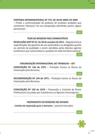 PORTARIA INTERMINISTERIAL Nº 775, DE 28 DE ABRIL DE 2004
    – Proíbe a comercialização de produtos de produtos acabados que
    contenham “benzeno” em sua composição, admitindo, porém, alguns
    percentuais”.
    - - - - - - - - - - - - - - - - - - - - - - - - - - - - - - - - - - - - - - 247

                    TEOR DE BENZENO NOS COMBUSTÍVEIS
    RESOLUÇÃO ANP Nº 57, de 20 de outubro de 2011 – Regulamenta as
    especificações das gasolinas de uso automotivo e as obrigações quanto
    ao controle da qualidade a serem atendidas pelos diversos agentes
    econômicos que comercializam o produto em todo território nacional;
    - - - - - - - - - - - - - - - - - - - - - - - - - - - - - - - - - - - - - - 249

	
            ORGANIZAÇÃO INTERNACIONAL DO TRABALHO – OIT
    CONVENÇÃO Nº 136 de 1971 – Proteção Contra os Riscos da
    Intoxicação pelo Benzeno;
    - - - - - - - - - - - - - - - - - - - - - - - - - - - - - - - - - - - - - - 264
    RECOMENDAÇÃO Nº 144 de 1971 – Proteção Contra os Riscos da
    Intoxicação pelo Benzeno;
    - - - - - - - - - - - - - - - - - - - - - - - - - - - - - - - - - - - - - - 272
CONVENÇÃO Nº 139 de 1974 – Prevenção e Controle de Riscos
Profissionais Causados por Substâncias ou Agentes Cancerígenos;
- - - - - - - - - - - - - - - - - - - - - - - - - - - - - - - - - - - - - - 281
		
                TRATAMENTO DO BENZENO NO MUNDO
- Limites de exposição para o benzeno - países/instituições

    - - - - - - - - - - - - - - - - - - - - - - - - - - - - - - - - - - - - - - 287

	

                                                                                  9
 