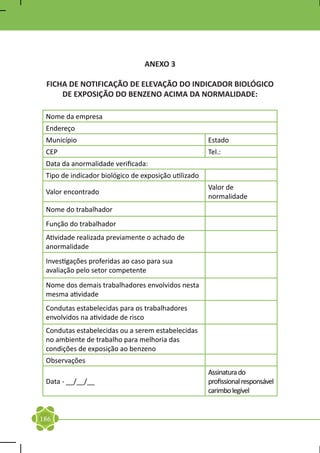 ANEXO 3

 FICHA DE NOTIFICAÇÃO DE ELEVAÇÃO DO INDICADOR BIOLÓGICO
     DE EXPOSIÇÃO DO BENZENO ACIMA DA NORMALIDADE:

 Nome da empresa
 Endereço
 Município                                            Estado
 CEP                                                  Tel.:
 Data da anormalidade verificada:
 Tipo de indicador biológico de exposição utilizado
                                                      Valor de
 Valor encontrado
                                                      normalidade
 Nome do trabalhador
 Função do trabalhador
 Atividade realizada previamente o achado de
 anormalidade
 Investigações proferidas ao caso para sua
 avaliação pelo setor competente
 Nome dos demais trabalhadores envolvidos nesta
 mesma atividade
 Condutas estabelecidas para os trabalhadores
 envolvidos na atividade de risco
 Condutas estabelecidas ou a serem estabelecidas
 no ambiente de trabalho para melhoria das
 condições de exposição ao benzeno
 Observações
                                                      Assinatura do
 Data - __/__/__                                      profissional responsável
                                                      carimbo legível


186
 