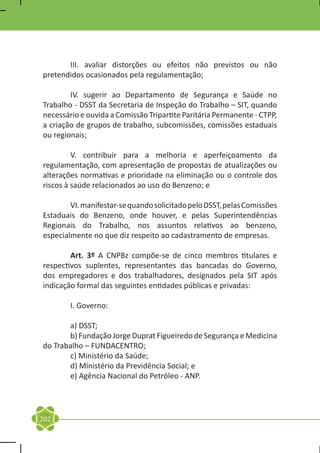 III. avaliar distorções ou efeitos não previstos ou não
pretendidos ocasionados pela regulamentação;

	       IV. sugerir ao Departamento de Segurança e Saúde no
Trabalho - DSST da Secretaria de Inspeção do Trabalho – SIT, quando
necessário e ouvida a Comissão Tripartite Paritária Permanente - CTPP,
a criação de grupos de trabalho, subcomissões, comissões estaduais
ou regionais;

	        V. contribuir para a melhoria e aperfeiçoamento da
regulamentação, com apresentação de propostas de atualizações ou
alterações normativas e prioridade na eliminação ou o controle dos
riscos à saúde relacionados ao uso do Benzeno; e

	       VI. manifestar-se quando solicitado pelo DSST, pelas Comissões
Estaduais do Benzeno, onde houver, e pelas Superintendências
Regionais do Trabalho, nos assuntos relativos ao benzeno,
especialmente no que diz respeito ao cadastramento de empresas.

	       Art. 3º A CNPBz compõe-se de cinco membros titulares e
respectivos suplentes, representantes das bancadas do Governo,
dos empregadores e dos trabalhadores, designados pela SIT após
indicação formal das seguintes entidades públicas e privadas:

	       I. Governo:

	      a) DSST;
	      b) Fundação Jorge Duprat Figueiredo de Segurança e Medicina
do Trabalho – FUNDACENTRO;
	      c) Ministério da Saúde;
	      d) Ministério da Previdência Social; e
	      e) Agência Nacional do Petróleo - ANP.




202
 