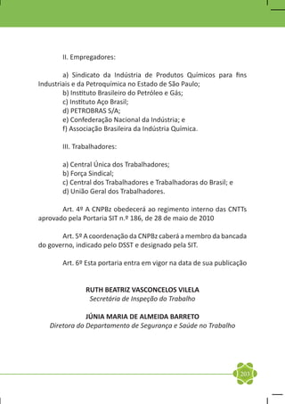 II. Empregadores:

	       a) Sindicato da Indústria de Produtos Químicos para fins
Industriais e da Petroquímica no Estado de São Paulo;
	       b) Instituto Brasileiro do Petróleo e Gás;
	       c) Instituto Aço Brasil;
	       d) PETROBRAS S/A;
	       e) Confederação Nacional da Indústria; e
	       f) Associação Brasileira da Indústria Química.

	      III. Trabalhadores:

	      a) Central Única dos Trabalhadores;
	      b) Força Sindical;
	      c) Central dos Trabalhadores e Trabalhadoras do Brasil; e
	      d) União Geral dos Trabalhadores.

	      Art. 4º A CNPBz obedecerá ao regimento interno das CNTTs
aprovado pela Portaria SIT n.º 186, de 28 de maio de 2010

	      Art. 5º A coordenação da CNPBz caberá a membro da bancada
do governo, indicado pelo DSST e designado pela SIT.

	      Art. 6º Esta portaria entra em vigor na data de sua publicação


               RUTH BEATRIZ VASCONCELOS VILELA
                Secretária de Inspeção do Trabalho

                JÚNIA MARIA DE ALMEIDA BARRETO
    Diretora do Departamento de Segurança e Saúde no Trabalho




                                                                   203
 