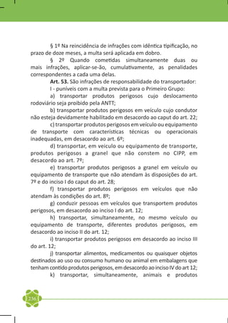 § 1º Na reincidência de infrações com idêntica tipificação, no
prazo de doze meses, a multa será aplicada em dobro.
	        § 2º Quando cometidas simultaneamente duas ou
mais infrações, aplicar-se-ão, cumulativamente, as penalidades
correspondentes a cada uma delas.
	        Art. 53. São infrações de responsabilidade do transportador:
	        I - puníveis com a multa prevista para o Primeiro Grupo:
	        a) transportar produtos perigosos cujo deslocamento
rodoviário seja proibido pela ANTT;
	        b) transportar produtos perigosos em veículo cujo condutor
não esteja devidamente habilitado em desacordo ao caput do art. 22;
	        c) transportar produtos perigosos em veículo ou equipamento
de transporte com características técnicas ou operacionais
inadequadas, em desacordo ao art. 6º;
	        d) transportar, em veiculo ou equipamento de transporte,
produtos perigosos a granel que não constem no CIPP, em
desacordo ao art. 7º;
	        e) transportar produtos perigosos a granel em veículo ou
equipamento de transporte que não atendam às disposições do art.
7º e do inciso I do caput do art. 28;
	        f) transportar produtos perigosos em veículos que não
atendam às condições do art. 8º;
	        g) conduzir pessoas em veículos que transportem produtos
perigosos, em desacordo ao inciso I do art. 12;
	        h) transportar, simultaneamente, no mesmo veículo ou
equipamento de transporte, diferentes produtos perigosos, em
desacordo ao inciso II do art. 12;
	        i) transportar produtos perigosos em desacordo ao inciso III
do art. 12;
	        j) transportar alimentos, medicamentos ou quaisquer objetos
destinados ao uso ou consumo humano ou animal em embalagens que
tenham contido produtos perigosos, em desacordo ao inciso IV do art 12;
	        k) transportar, simultaneamente, animais e produtos


236
 
