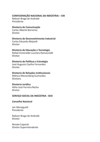 CONFEDERAÇÃO NACIONAL DA INDÚSTRIA – CNI
Robson Braga de Andrade
Presidente

Diretoria de Comunicação
Carlos Alberto Barreiros
Diretor

Diretoria de Desenvolvimento Industrial
Carlos Eduardo Abijaodi
Diretor

Diretoria de Educação e Tecnologia
Rafael Esmeraldo Lucchesi Ramacciotti
Diretor

Diretoria de Políticas e Estratégia
José Augusto Coelho Fernandes
Diretor

Diretoria de Relações Institucionais
Mônica Messenberg Guimarães
Diretora

Diretoria Jurídica
Hélio José Ferreira Rocha
Diretor

SERVIÇO SOCIAL DA INDÚSTRIA - SESI

Conselho Nacional

Jair Meneguelli
Presidente

Robson Braga de Andrade
Diretor

Renato Caporali
Diretor-Superintendente
 