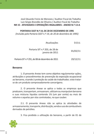 José Eduardo Freire de Menezes / Auditor-Fiscal do Trabalho
          Luiz Sérgio Brandão de Oliveira / Auditor-Fiscal do Trabalho
    NR 15 - ATIVIDADES E OPERAÇÕES INSALUBRES - ANEXO N.º 13-A

           PORTARIA SSST N.º 14, DE 20 DE DEZEMBRO DE 1995
      (Incluído pela Portaria SSST n.º 14, de 20 de dezembro de 1995)


                                      Atualizações              D.O.U.

                    Portaria SIT n.º 203, de 28 de
                                                             01/02/11
                                  janeiro de 2011

     Portaria SIT n.º 291, de 08 de dezembro de 2011         29/12/11

             	
Benzeno

	       1. O presente Anexo tem como objetivo regulamentar ações,
atribuições e procedimentos de prevenção da exposição ocupacional
ao benzeno, visando à proteção da saúde do trabalhador, visto tratar-
se de um produto comprovadamente cancerígeno.

	      2. O presente Anexo se aplica a todas as empresas que
produzem, transportam, armazenam, utilizam ou manipulam benzeno
e suas misturas líquidas contendo 1% (um por cento) ou mais de
volume e aquelas por elas contratadas, no que couber.

	      2.1. O presente Anexo não se aplica às atividades de
armazenamento, transporte, distribuição, venda e uso de combustíveis
derivados de petróleo.

	          3. Fica proibida a utilização do benzeno, a partir de 01 de


40
 